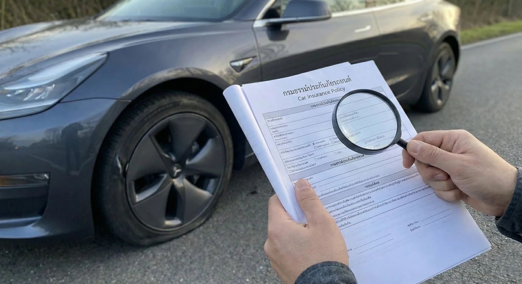 คนถือแว่นขยายตรวจสอบเงื่อนไขกรมธรรม์ประกันภัยเรื่องยาง