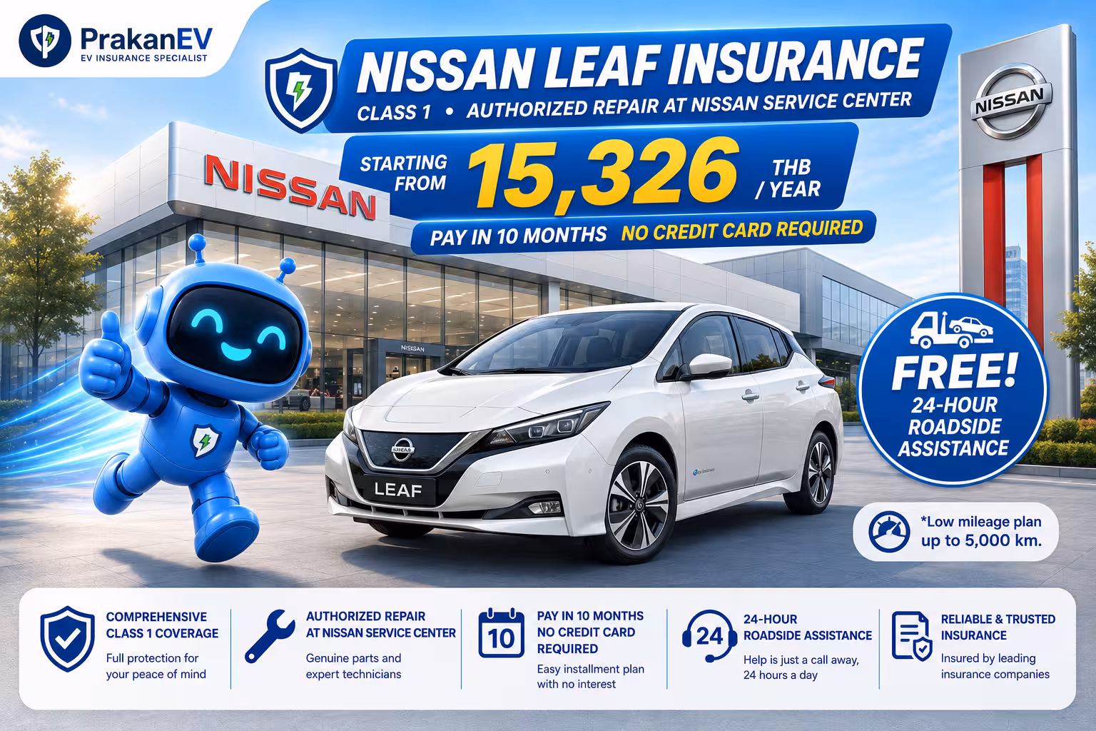 First Class Nissan LEAF EV insurance starting at 15,326 THB, up to 100% battery coverage, 10-month cash installment