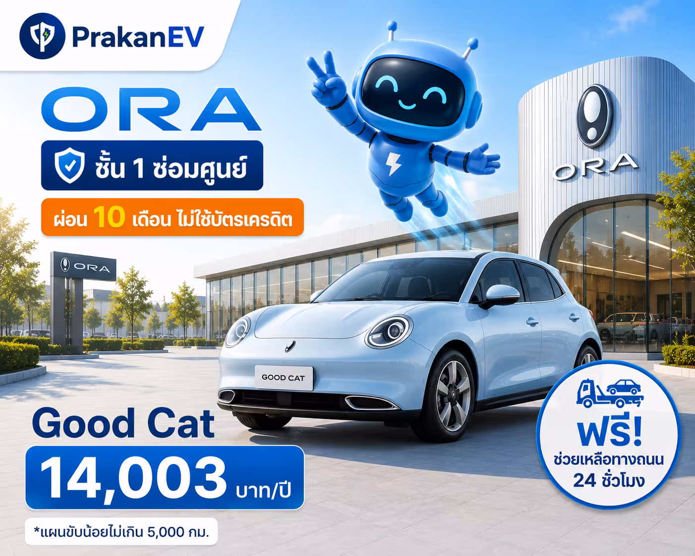 โปรโมชันประกันรถยนต์ไฟฟ้าชั้น 1 ORA Good Cat ราคาเริ่มต้น 14,003 บาท คุ้มครองแบตเตอรี่สูงสุด 100% พร้อมสิทธิ์ผ่อนเงินสด 10 งวด